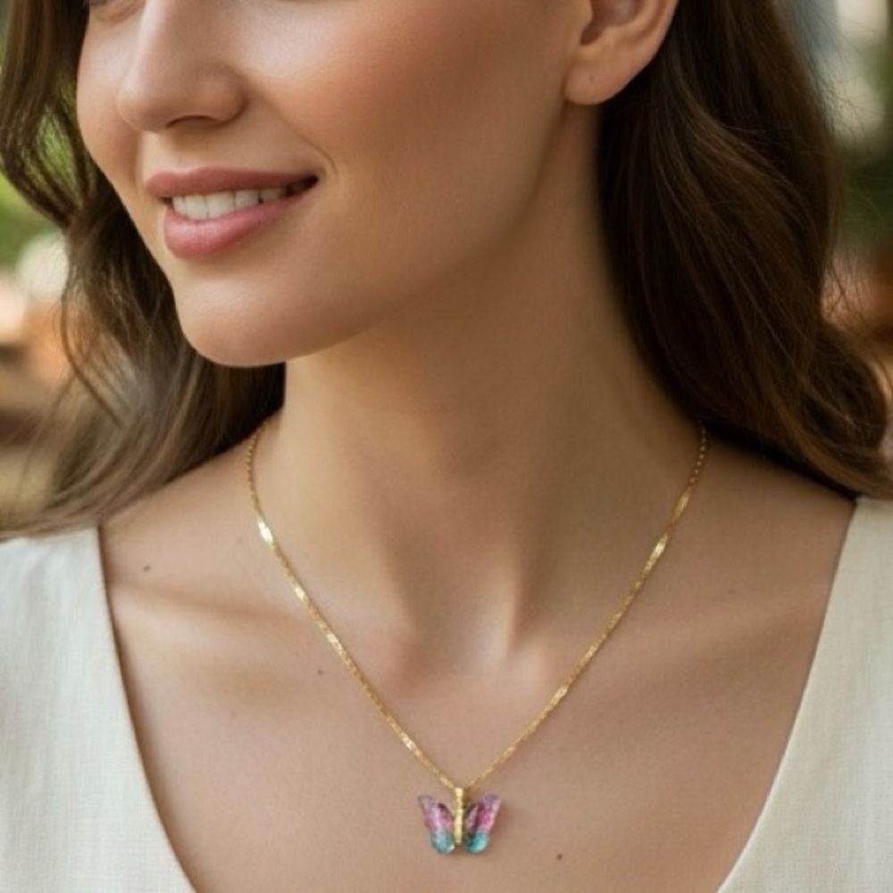 Butterfly Pink Green Gold Plated Necklace - Picture 2 of 13